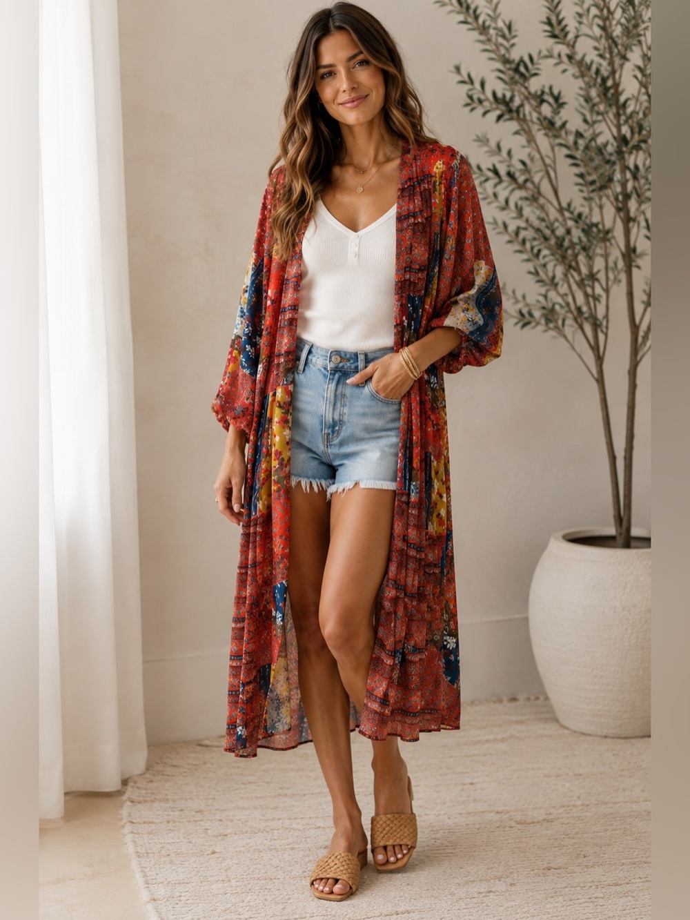 Umgee Vibrant Semi Sheer Duster Cardigan Kimono Boho‎ Patchwork Small Tie Front